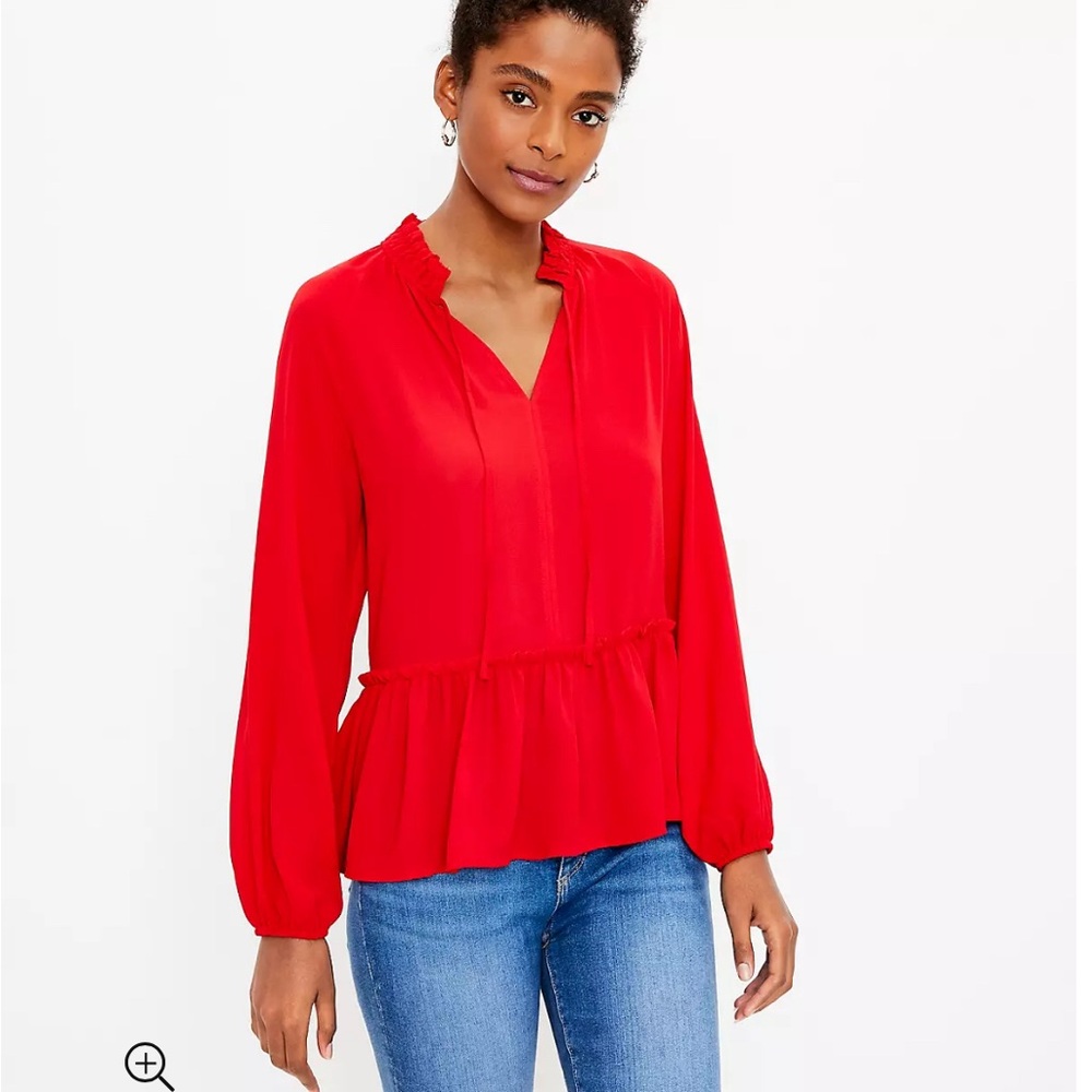 LOFT Red V-Neck Bishop Sleeve Peplum Top